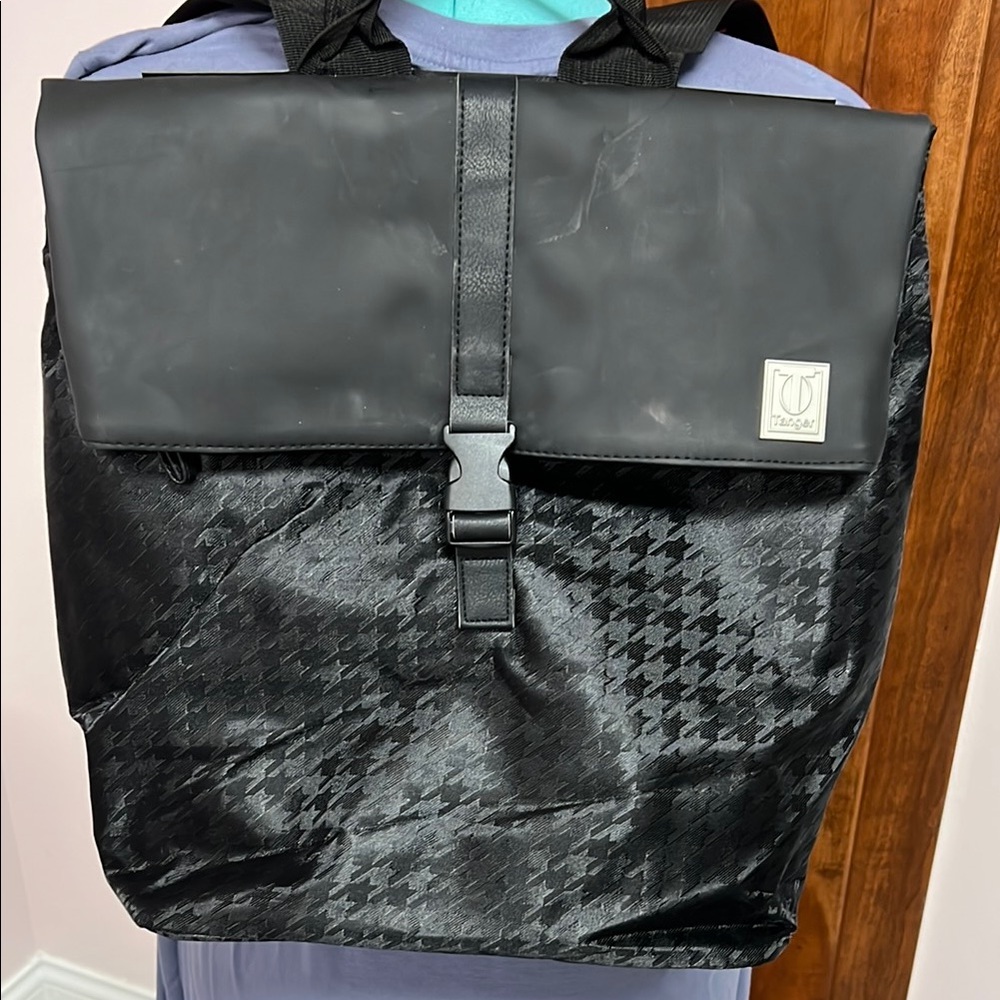 Black Vegan Leather and Houndstooth Fabric Backpack